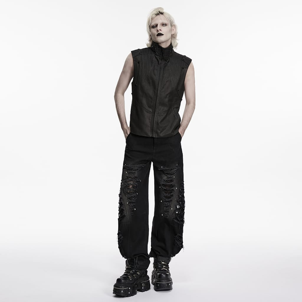 PUNK RAVE Men's Punk Rivets Pleated Stand Collar Vest