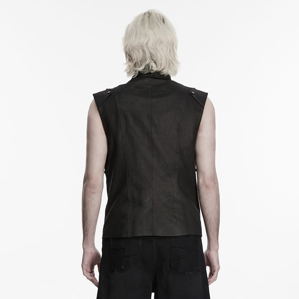 PUNK RAVE Men's Punk Rivets Pleated Stand Collar Vest