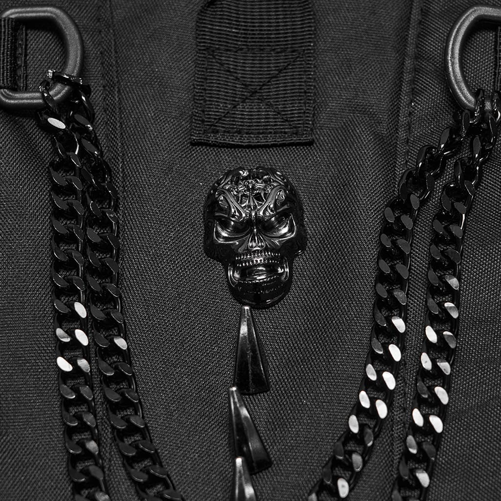 PUNK RAVE Men's Punk Rivets Skulls Chain Backpack Black