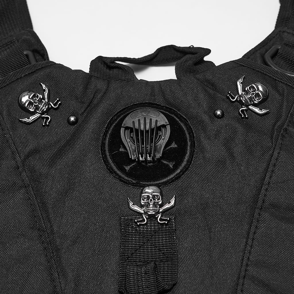 PUNK RAVE Men's Punk Rivets Skulls Chain Backpack Black