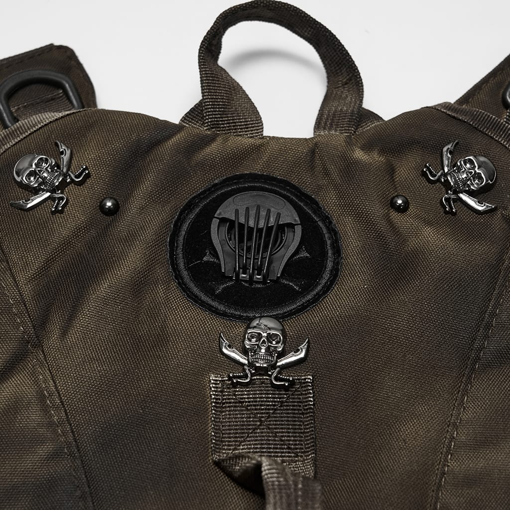 PUNK RAVE Men's Punk Rivets Skulls Chain Backpack Coffee