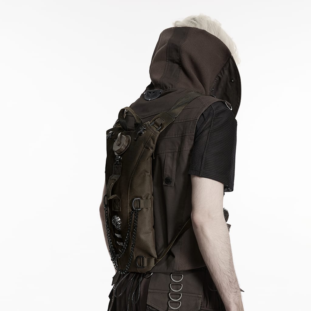 PUNK RAVE Men's Punk Rivets Skulls Chain Backpack Coffee