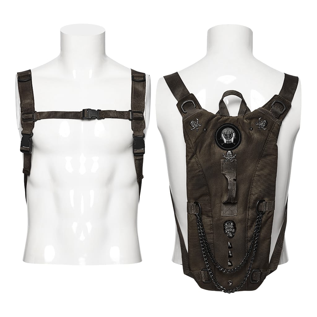 PUNK RAVE Men's Punk Rivets Skulls Chain Backpack Coffee