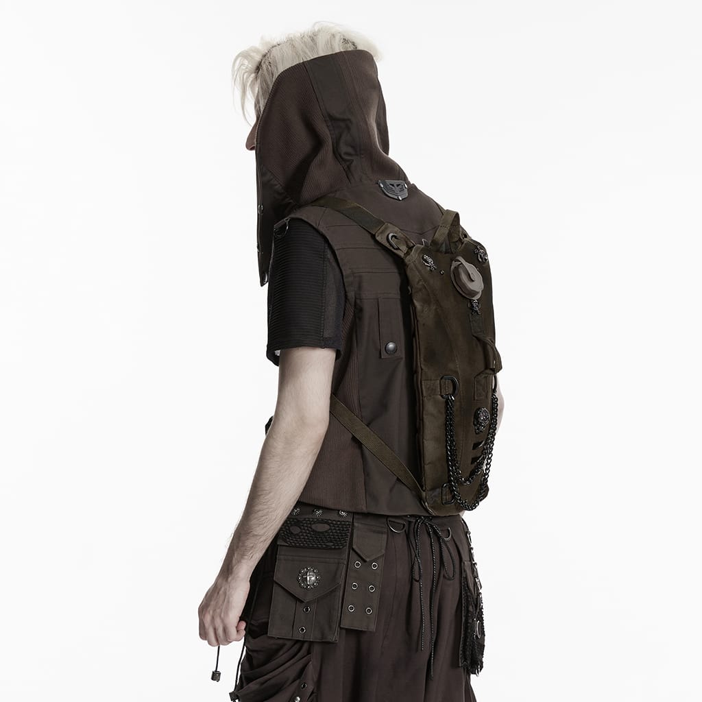 PUNK RAVE Men's Punk Rivets Skulls Chain Backpack Coffee