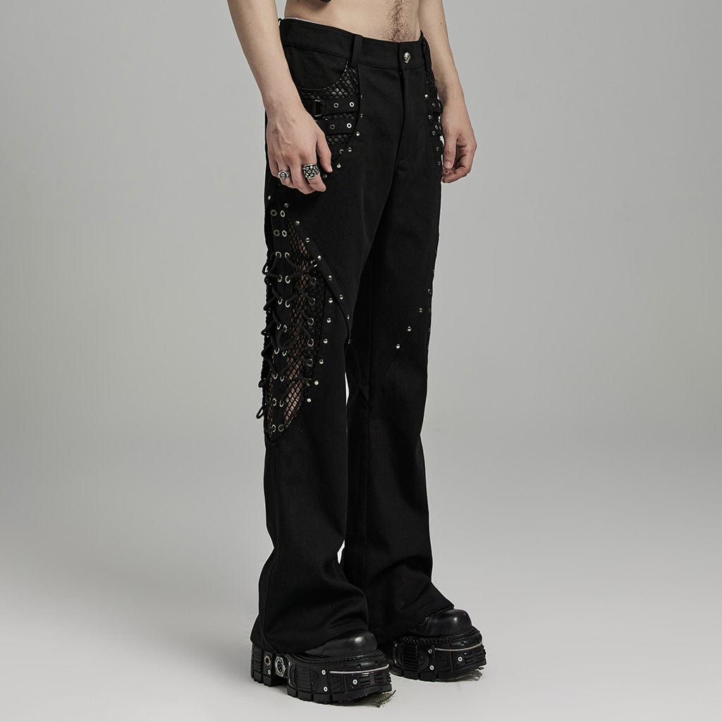 PUNK RAVE Men's Punk Rock Mesh Splice Eyelet Straps Flared Pants