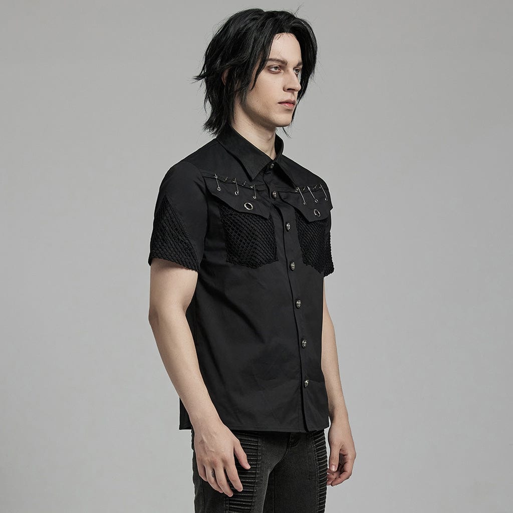 PUNK RAVE Men's Punk Rock Mesh Splice Pin Shirt