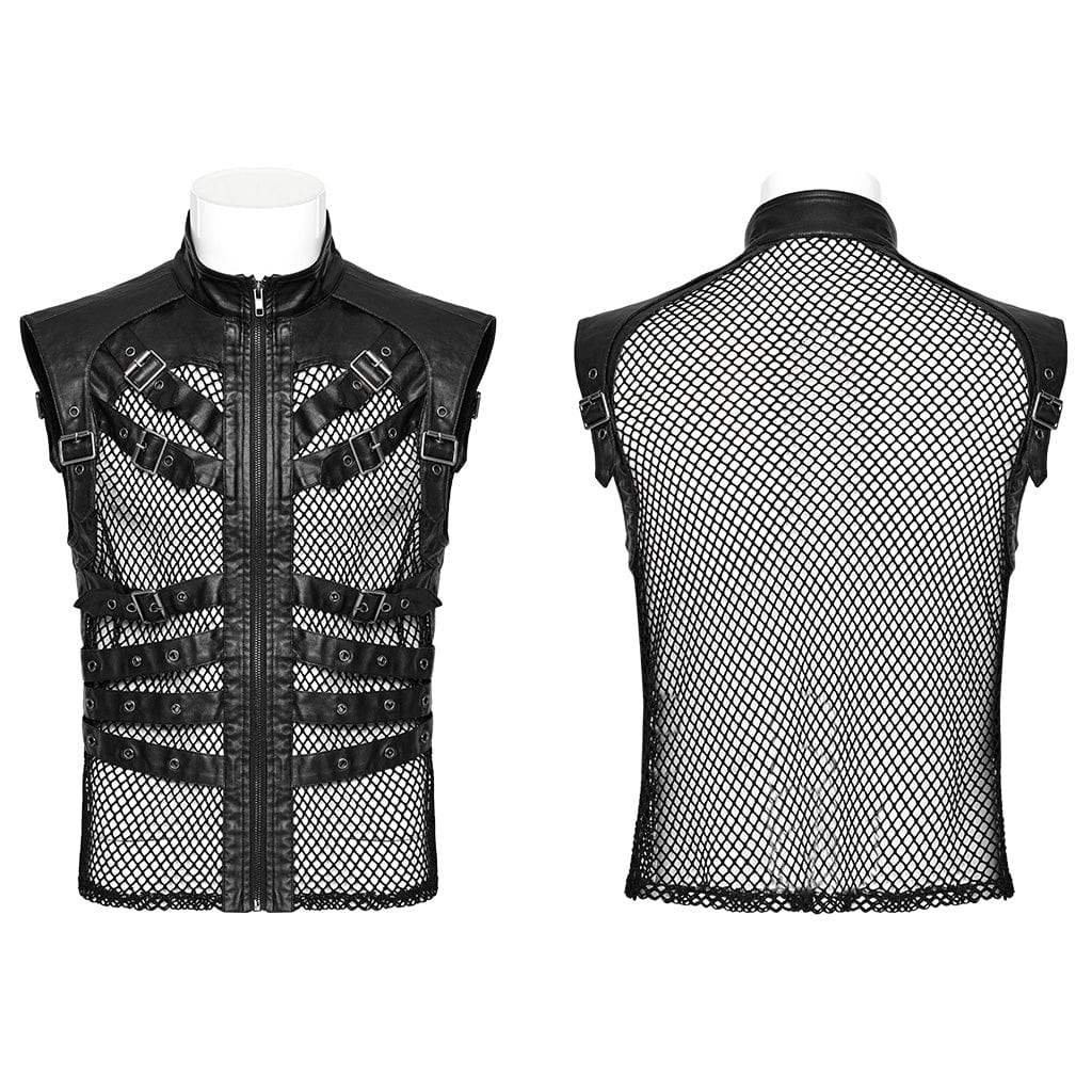 PUNK RAVE Men's Punk Rock Multi-buckles Mesh Splice Faux Leather Vest