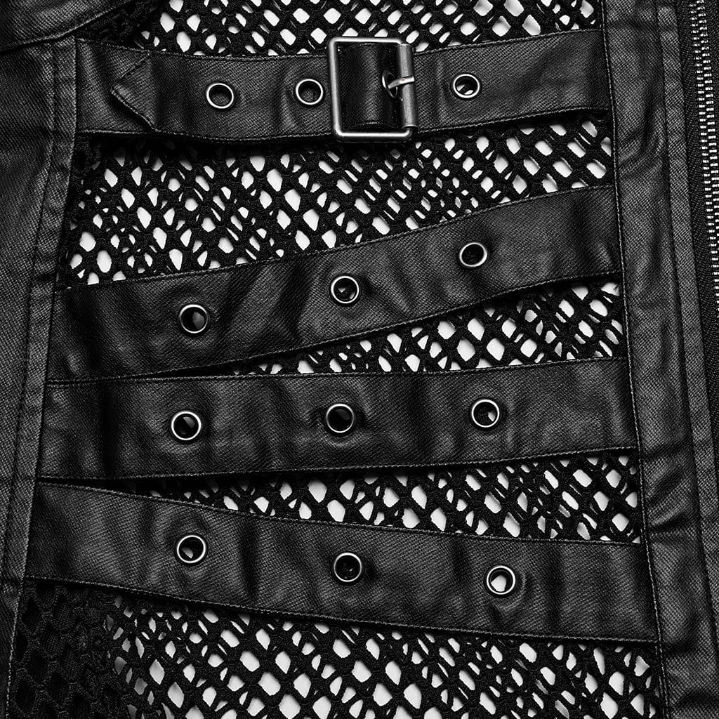 PUNK RAVE Men's Punk Rock Multi-buckles Mesh Splice Faux Leather Vest