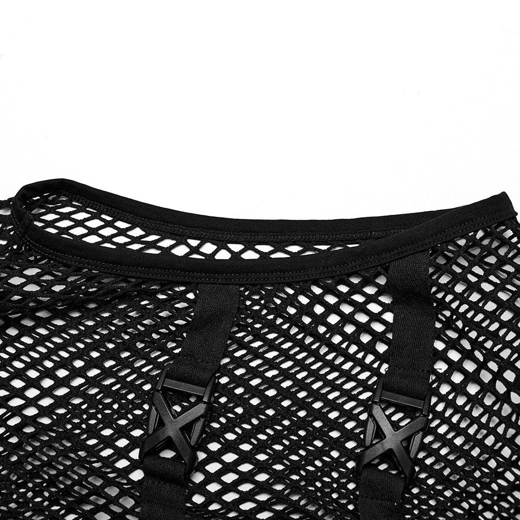 PUNK RAVE Men's Punk Rock Stand Collar Buckle Straps Mesh Tank Top