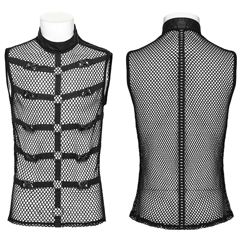 PUNK RAVE Men's Punk Rock Stand Collar Buckle Straps Mesh Tank Top