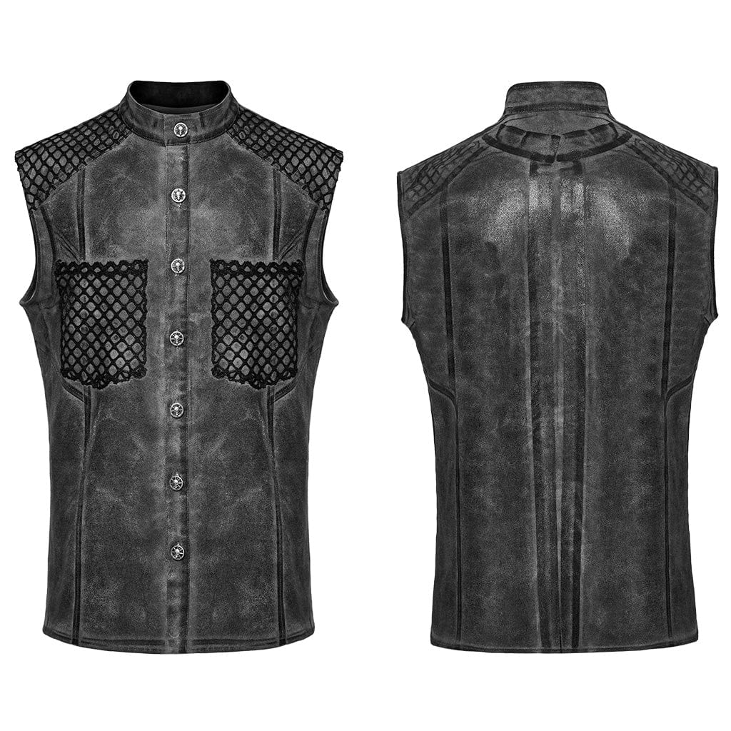 PUNK RAVE Men's Punk Rock Stand Collar Mesh Splice Black Grey Vest