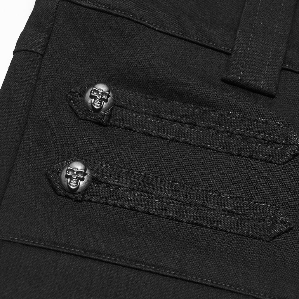 PUNK RAVE Men's Punk Skull Bat‑wing Flap Decor Slim Fit Trousers