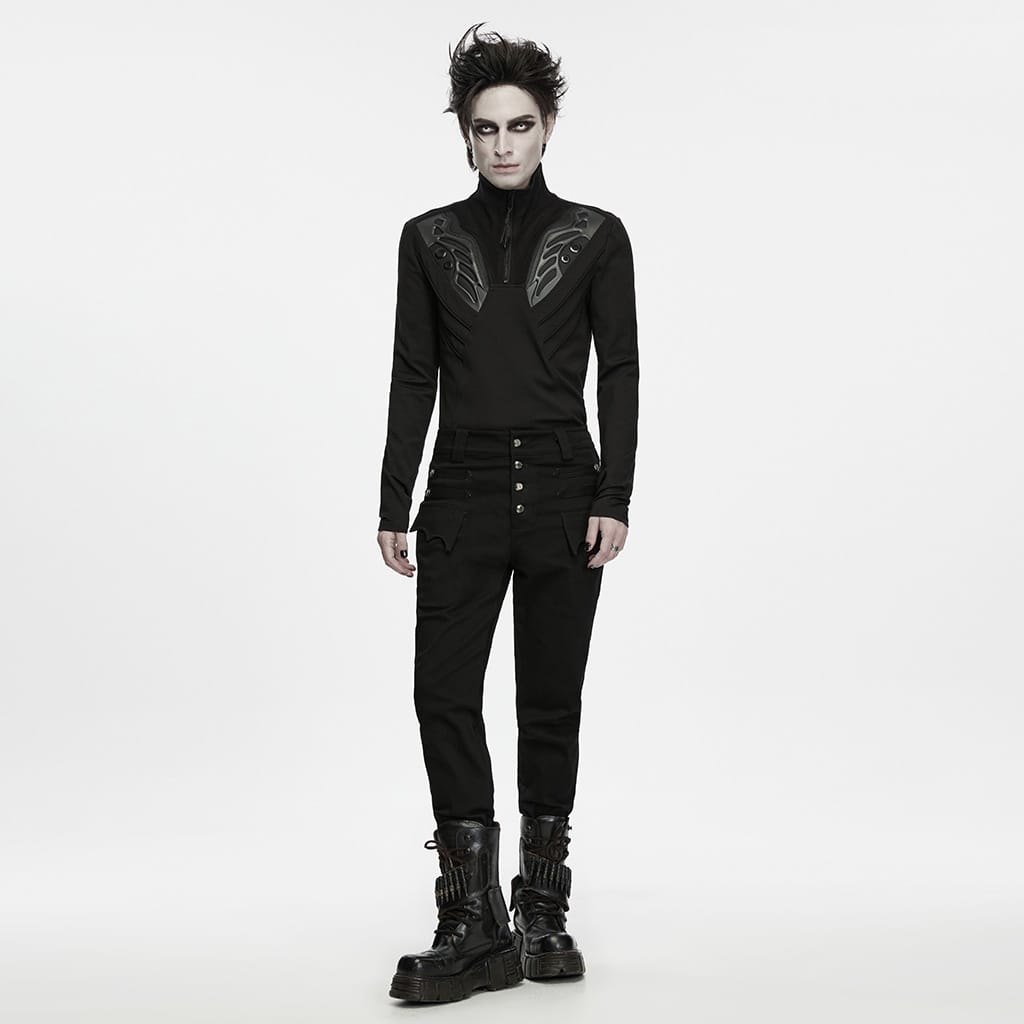 PUNK RAVE Men's Punk Skull Bat‑wing Flap Decor Slim Fit Trousers