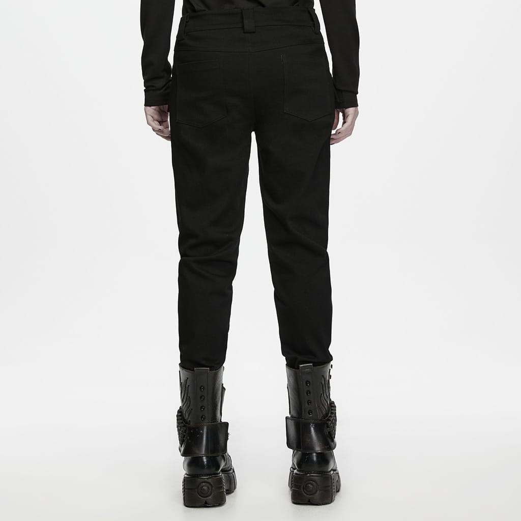 PUNK RAVE Men's Punk Skull Bat‑wing Flap Decor Slim Fit Trousers