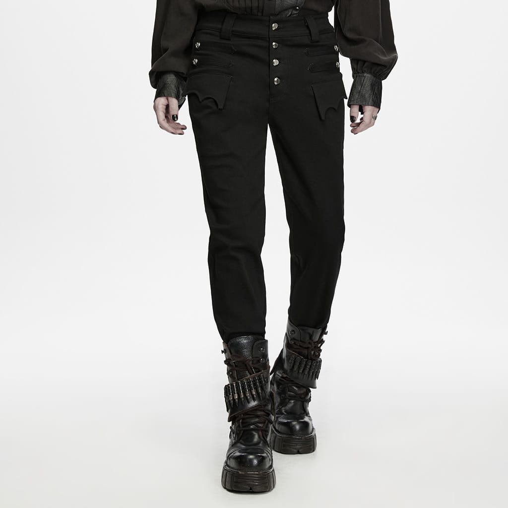 PUNK RAVE Men's Punk Skull Bat‑wing Flap Decor Slim Fit Trousers