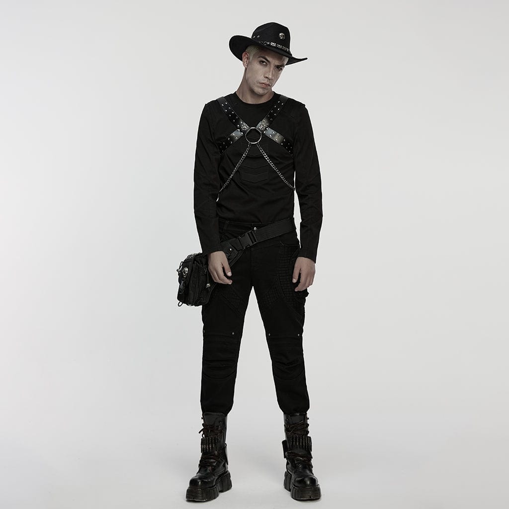 PUNK RAVE Imbracatura da uomo in similpelle con fibbia a forma di teschio punk e catene staccabili