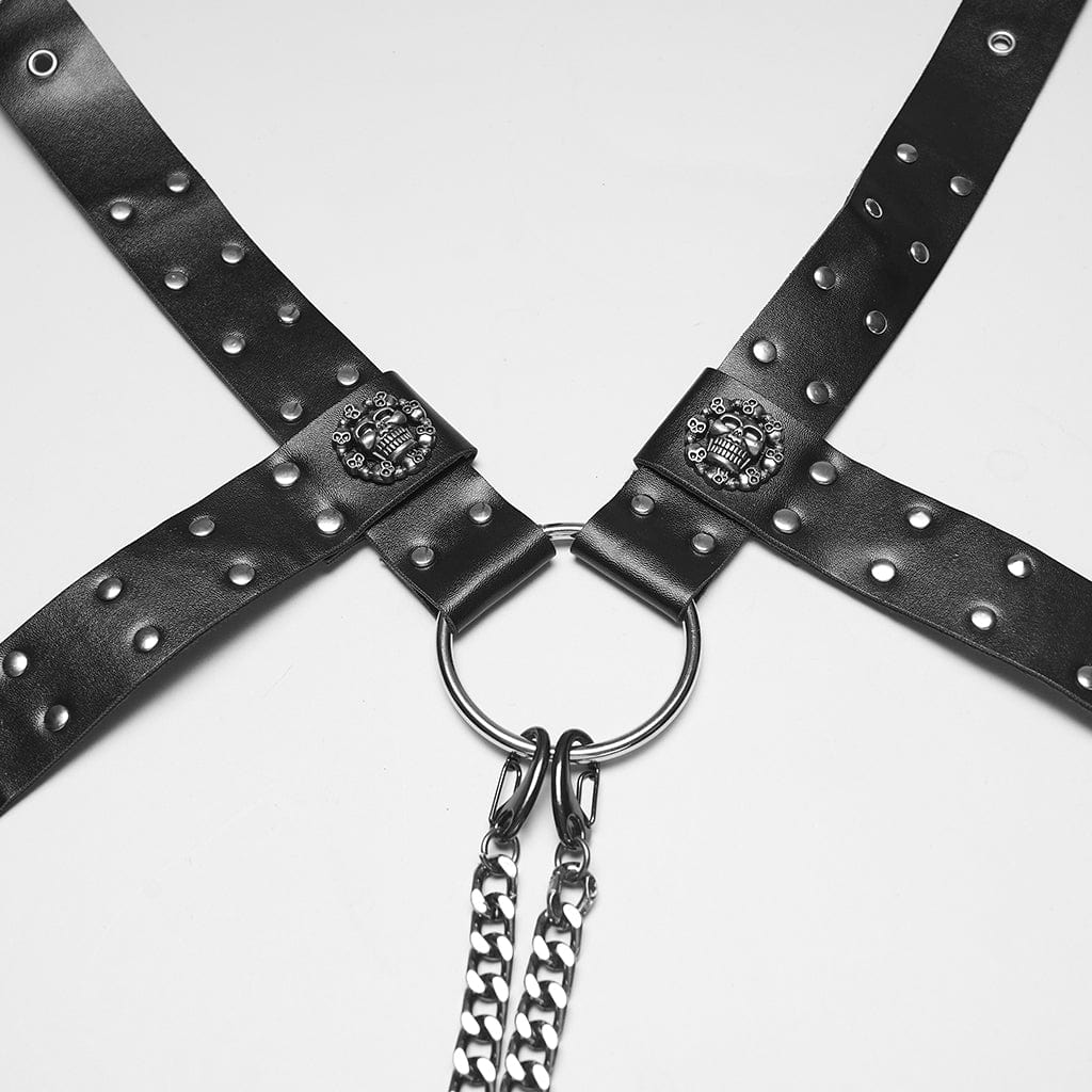 PUNK RAVE Imbracatura da uomo in similpelle con fibbia a forma di teschio punk e catene staccabili