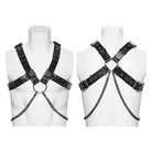 PUNK RAVE Men's Punk Skull Buckle-up Faux Leather Harness with Detachable Chains