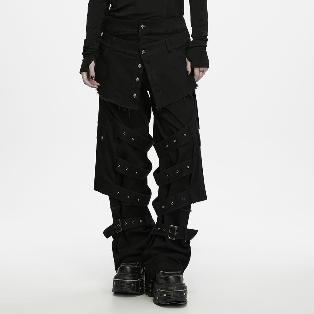 PUNK RAVE Men's Punk Skull Button Raw Edge Loose Pants with Detachable Leg Sleeve