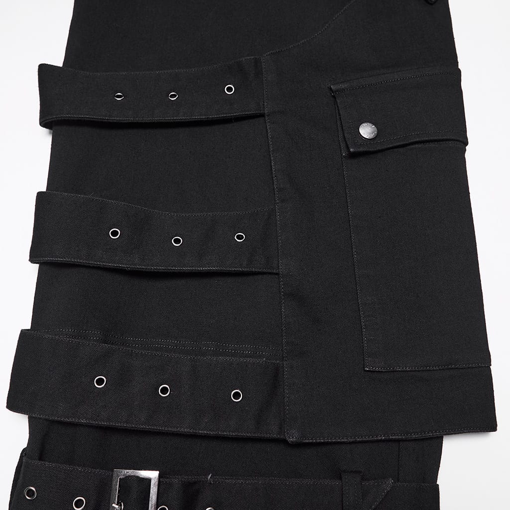 PUNK RAVE Men's Punk Skull Button Raw Edge Loose Pants with Detachable Leg Sleeve