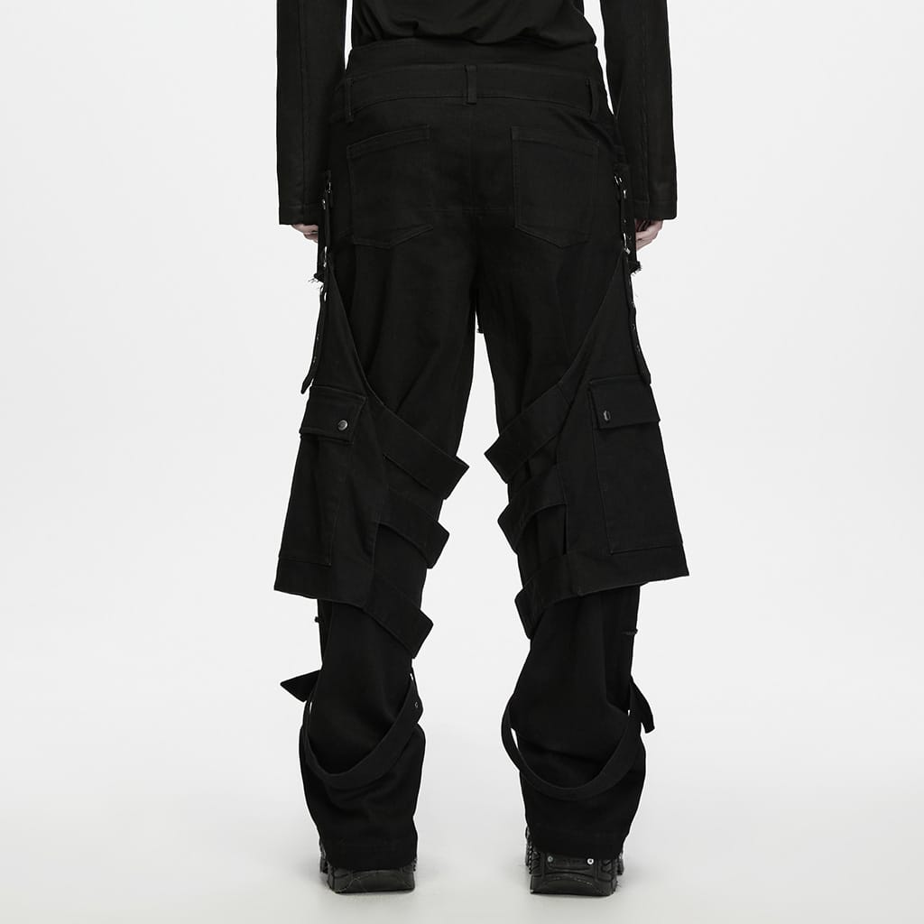 PUNK RAVE Men's Punk Skull Button Raw Edge Loose Pants with Detachable Leg Sleeve
