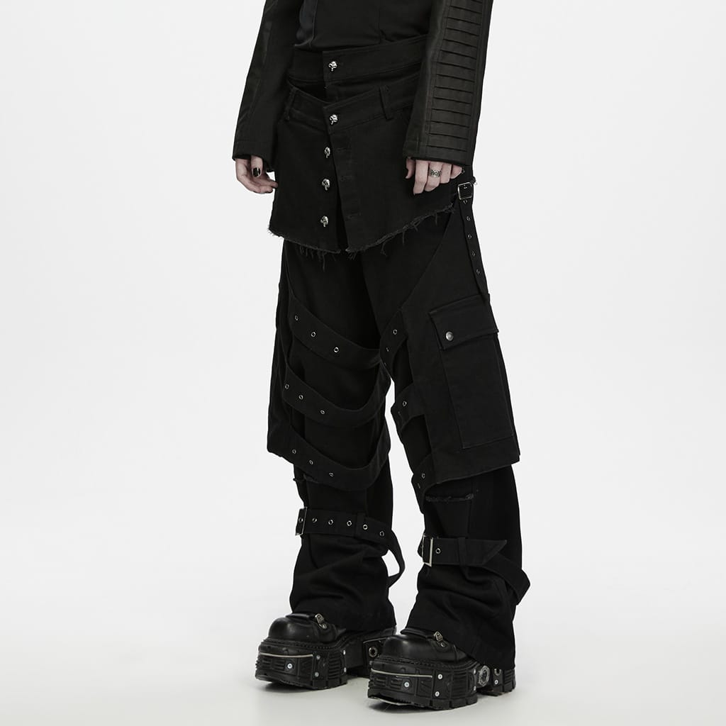 PUNK RAVE Men's Punk Skull Button Raw Edge Loose Pants with Detachable Leg Sleeve