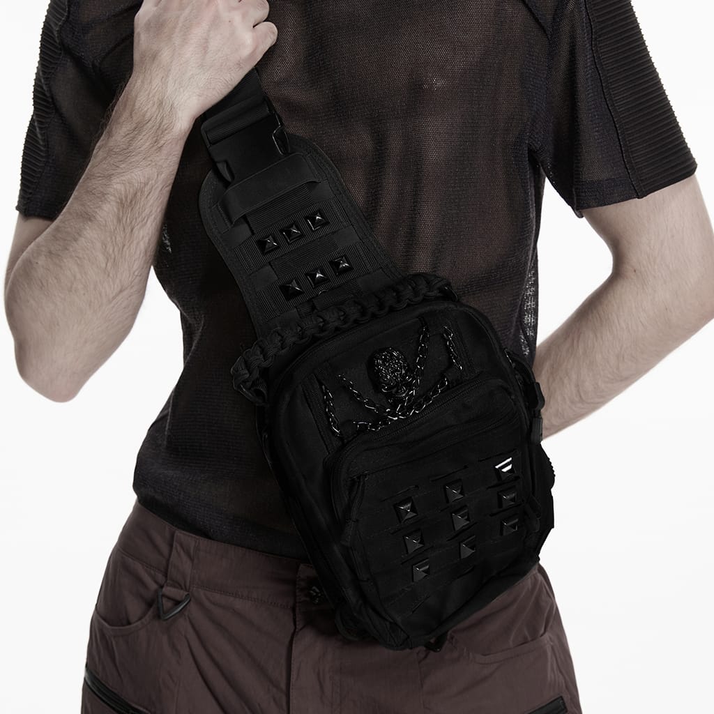 PUNK RAVE Men's Punk Skull Rivets Chained Backpack Black