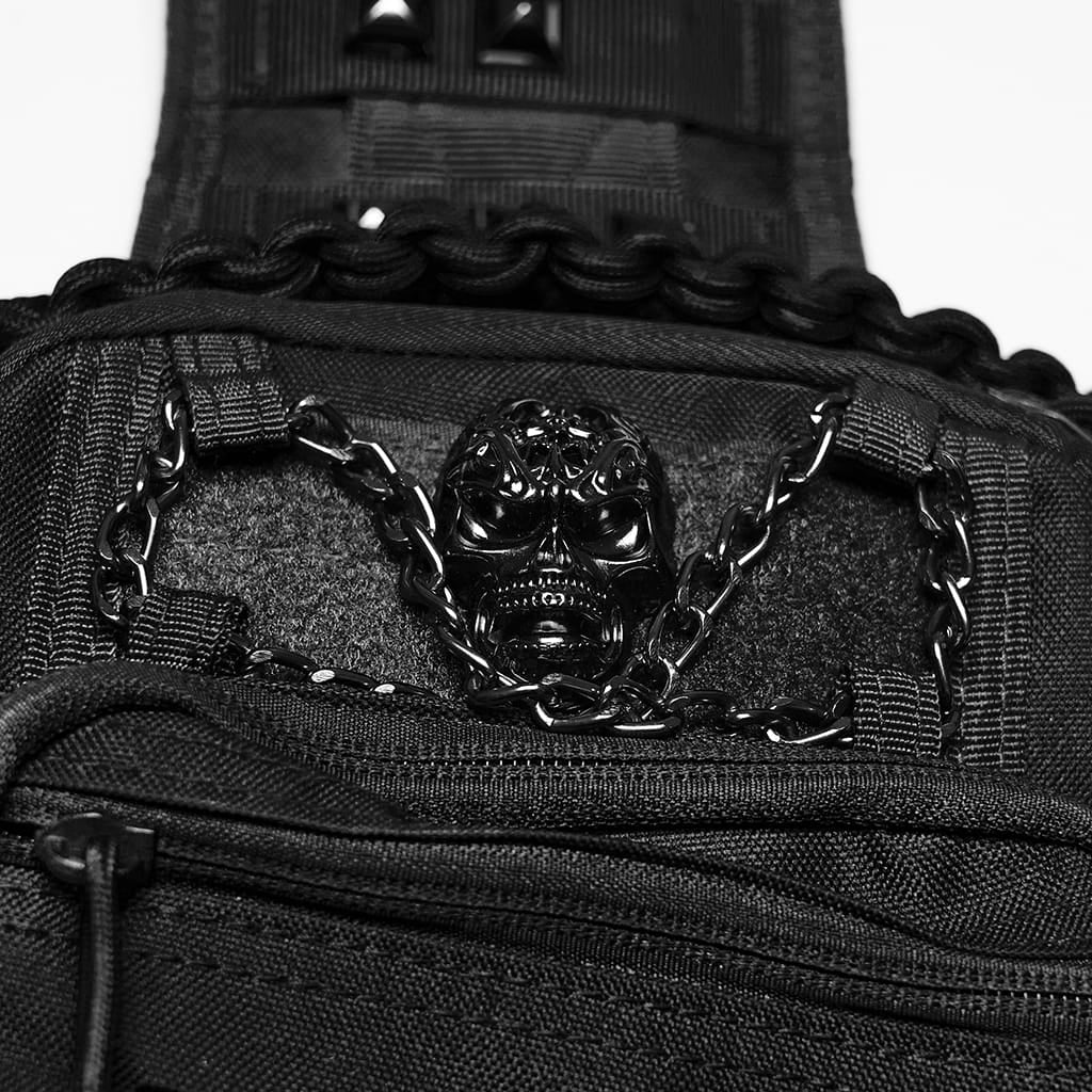 PUNK RAVE Men's Punk Skull Rivets Chained Backpack Black