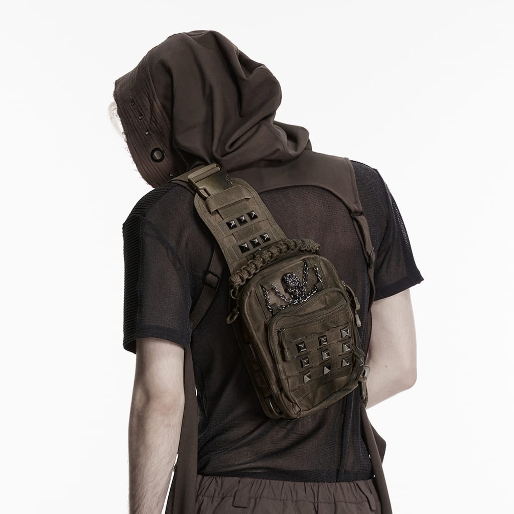 PUNK RAVE Men's Punk Skull Rivets Chained Backpack Coffee