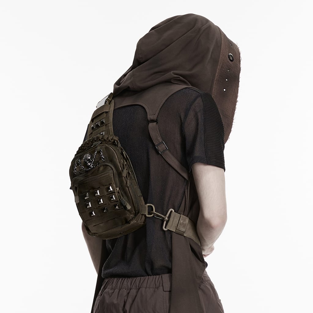 PUNK RAVE Men's Punk Skull Rivets Chained Backpack Coffee