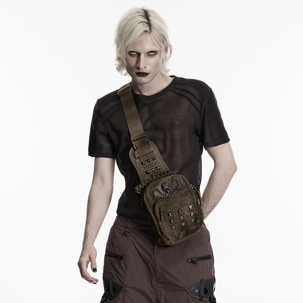 PUNK RAVE Men's Punk Skull Rivets Chained Backpack Coffee