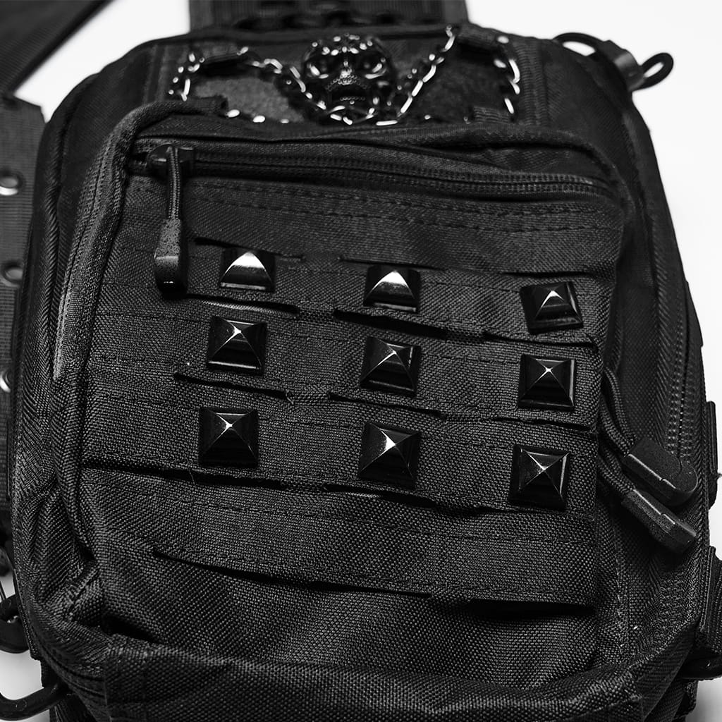 PUNK RAVE Men's Punk Skull Rivets Chained Crossbody Bag Black