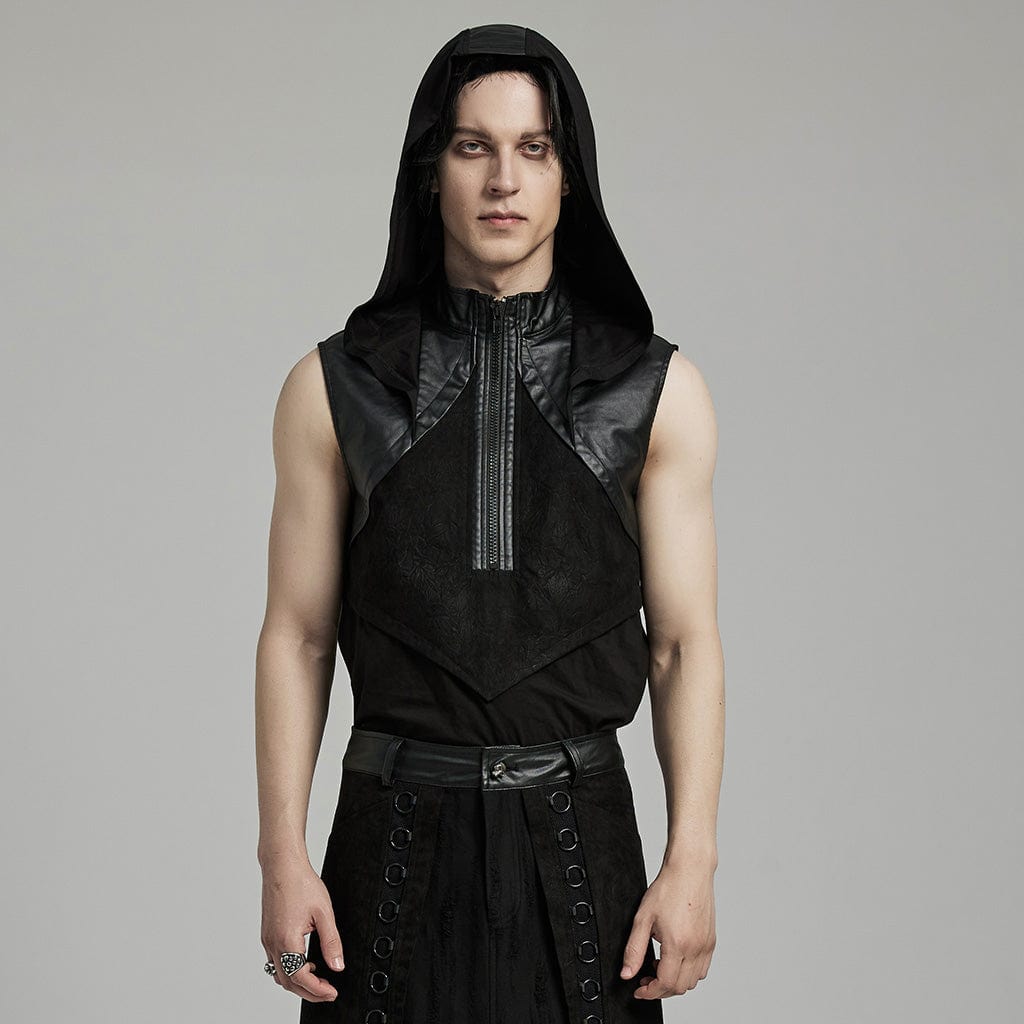PUNK RAVE Men's Punk Stand Collar Faux Leather Splice Tank Top with Hood
