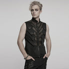 PUNK RAVE Men's Punk Stand Collar Mesh Splice Studded Vest