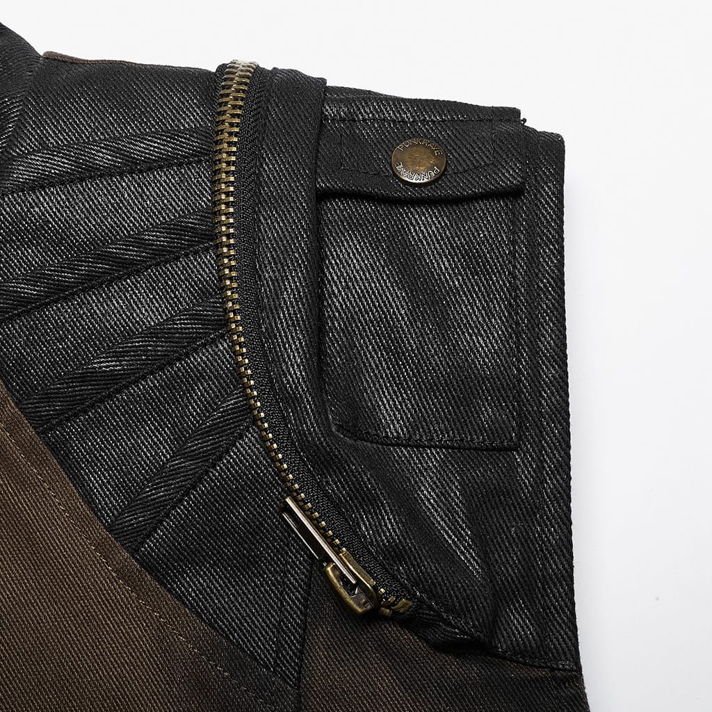 PUNK RAVE Men's Punk Stand Collar Strap Vest Coffee