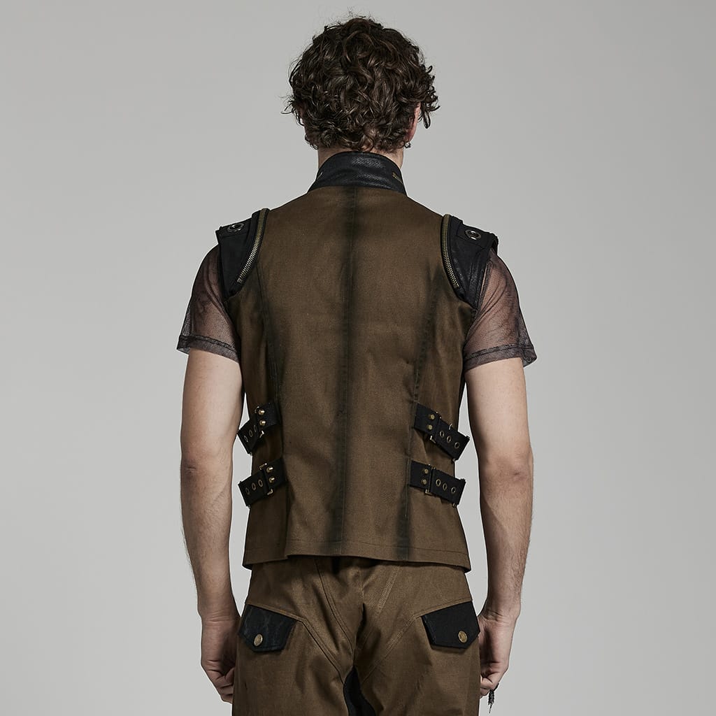 PUNK RAVE Men's Punk Stand Collar Strap Vest Coffee