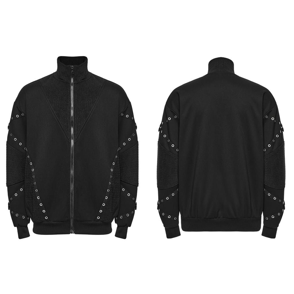 PUNK RAVE Men's Punk Stand Collar Zip‑up Eyelet Jacket