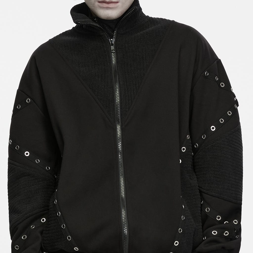 PUNK RAVE Men's Punk Stand Collar Zip‑up Eyelet Jacket