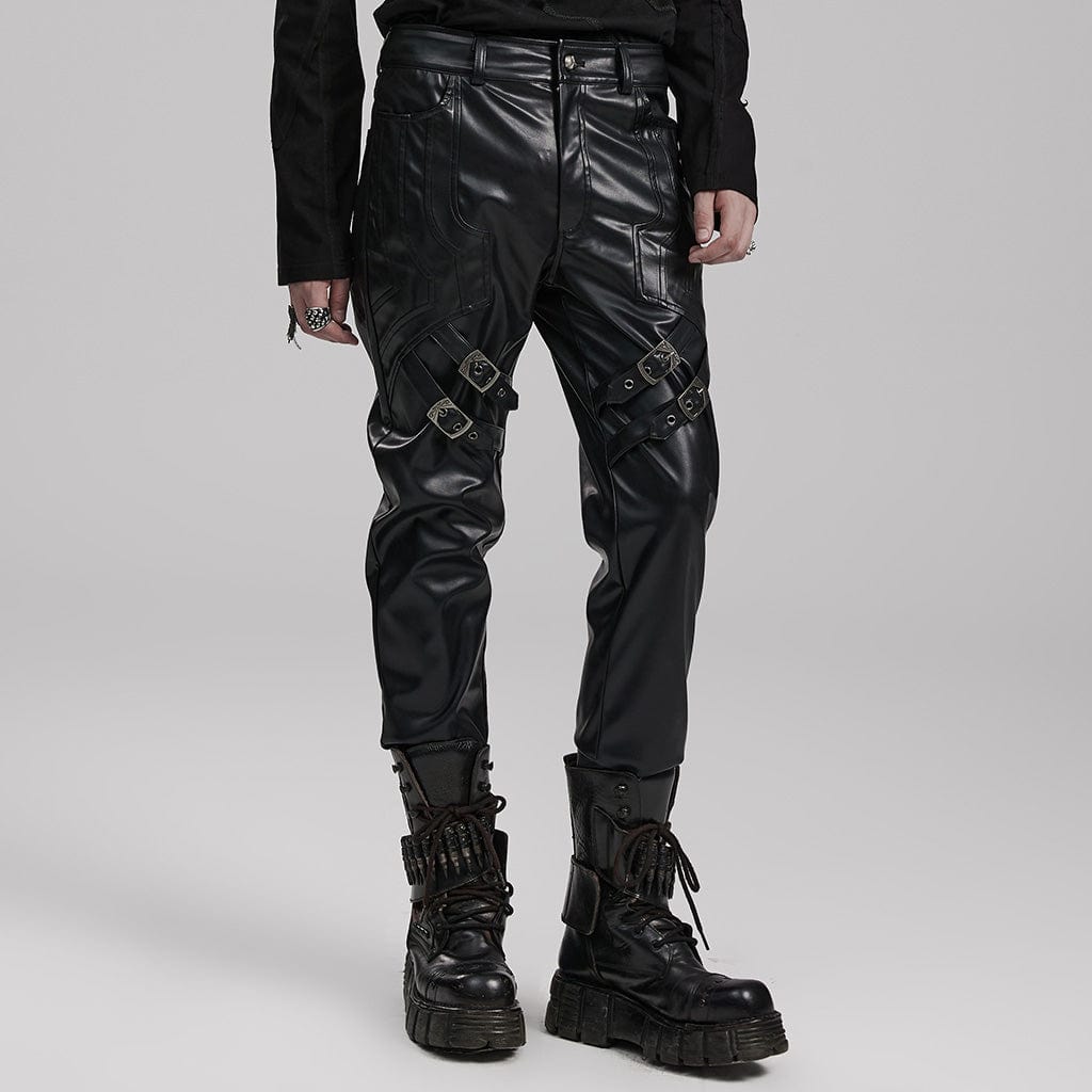PUNK RAVE Men's Punk Strappy Faux Leather Pants