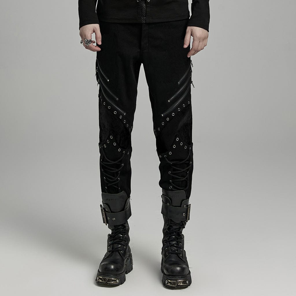 PUNK RAVE Men's Punk Strappy Faux Leather Splice Zipper Pants
