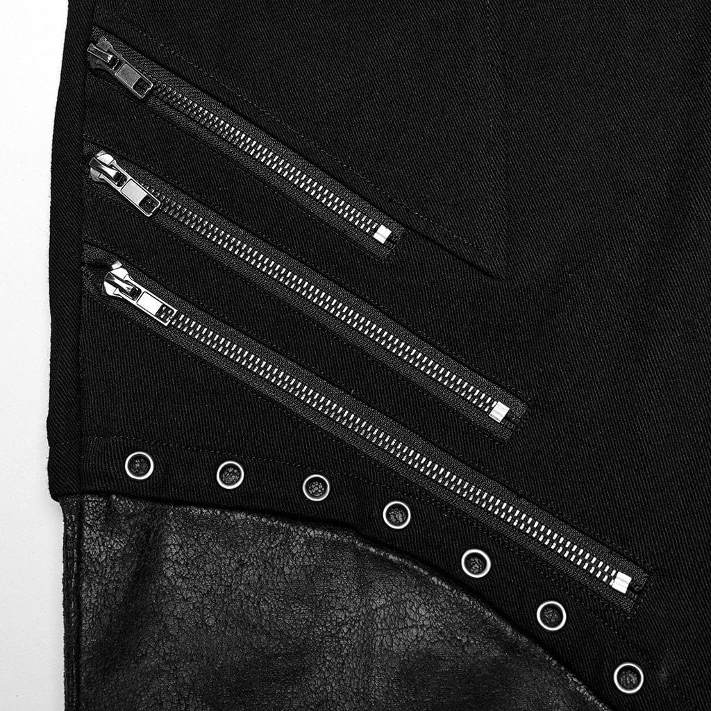 PUNK RAVE Men's Punk Strappy Faux Leather Splice Zipper Pants