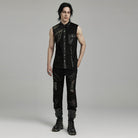 PUNK RAVE Men's Punk Strappy Mesh Splice Faux Leather Vest