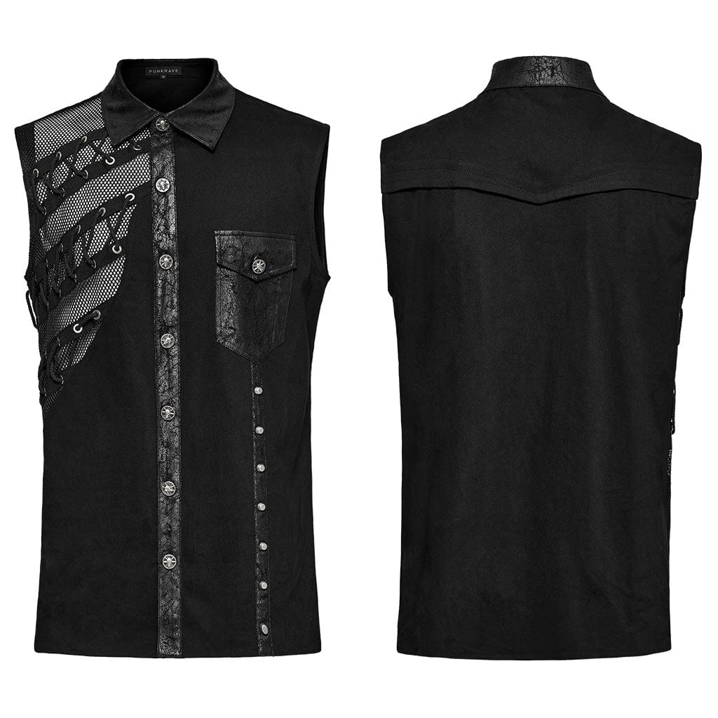 PUNK RAVE Men's Punk Strappy Mesh Splice Faux Leather Vest