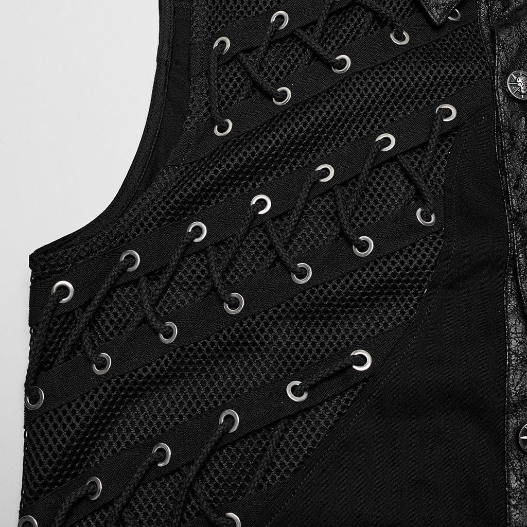 PUNK RAVE Men's Punk Strappy Mesh Splice Faux Leather Vest