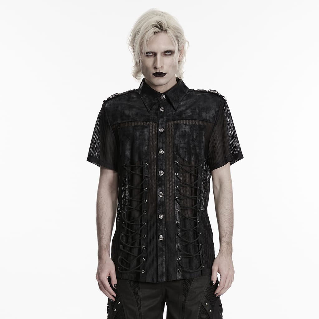 Camicia da uomo PUNK RAVE in rete con spalline e patchwork