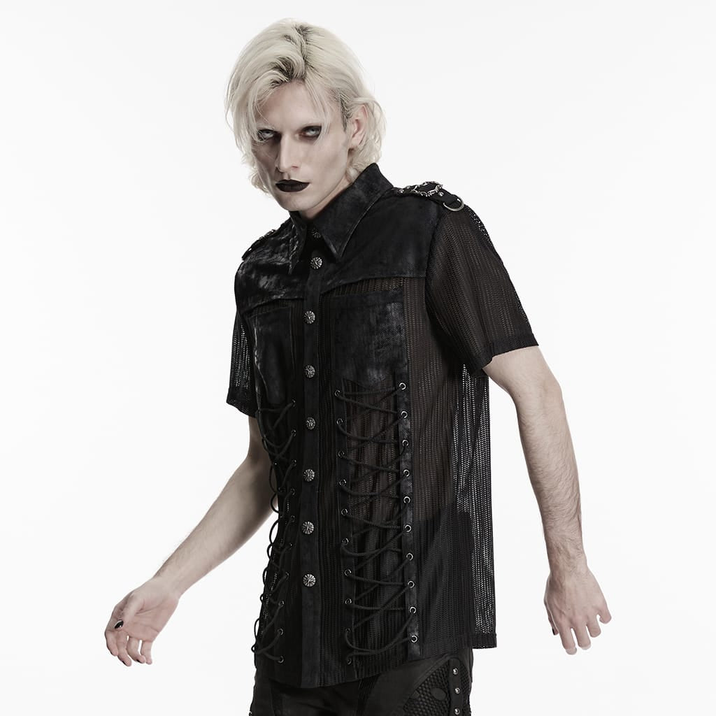 Camicia da uomo PUNK RAVE in rete con spalline e patchwork