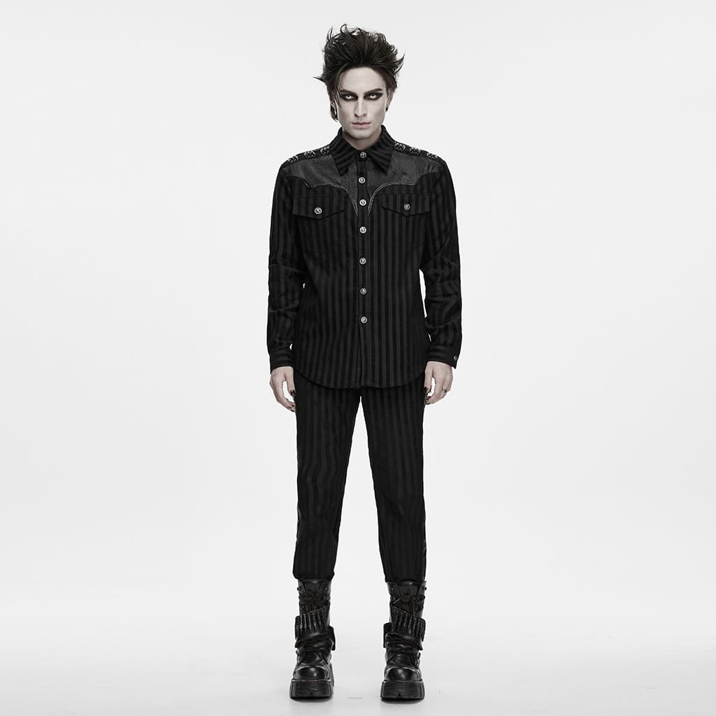 PUNK RAVE Men's Punk Striped Collared Patchwork Long Sleeve Shirt