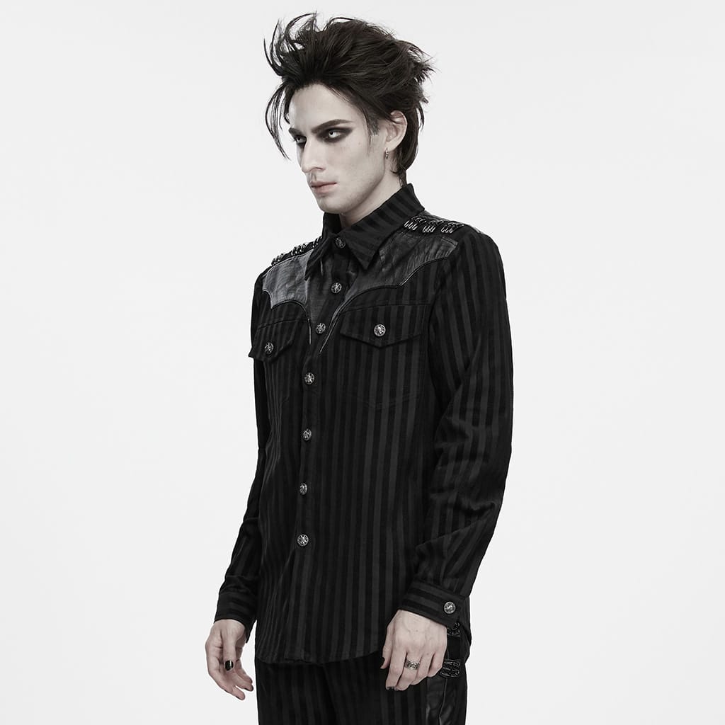 PUNK RAVE Men's Punk Striped Collared Patchwork Long Sleeve Shirt