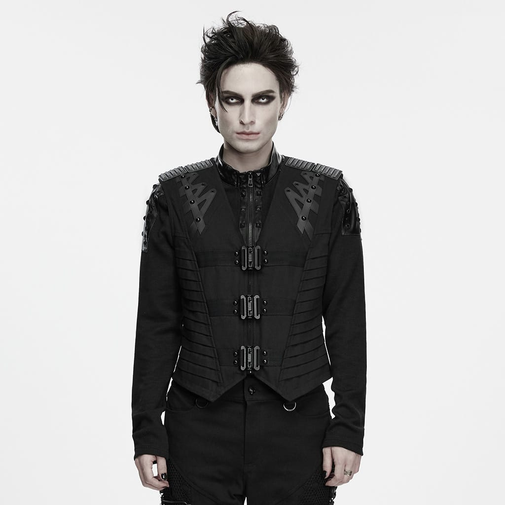 PUNK RAVE Men's Punk Studded Buckle Strap Pleated Vest