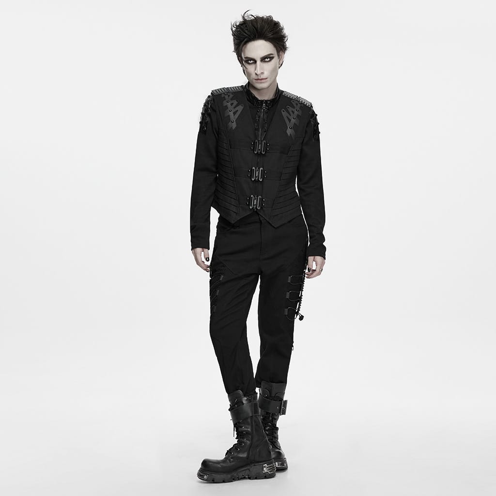 PUNK RAVE Men's Punk Studded Buckle Strap Pleated Vest
